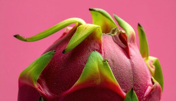 Dragon fruit bracts in extreme macro forming a repeating pattern crisp green tips over muted magenta refined tropical texture for editorial and modern design photo