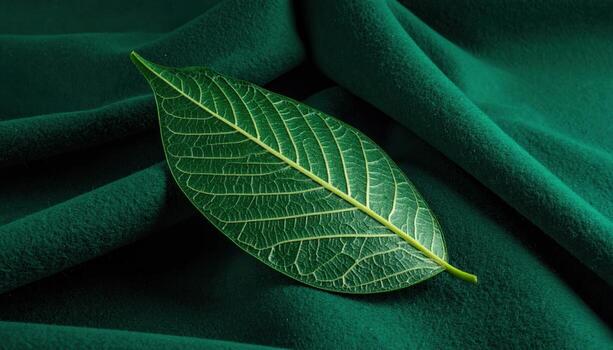 Breadfruit leaf veins mapped as clean geometry on deep green felt with gentle top fill botanical study for education editorial and serene design photo
