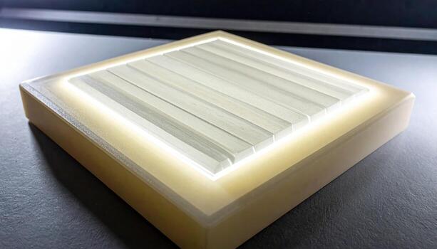 Hassaku segments aligned into a quiet ladder on ivory acrylic thin back glow around edges refined citrus still life for editorial menus and branding photo