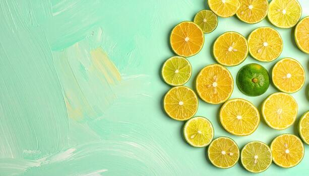 Calamansi slices creating a dotted orbit on pastel mint with restrained saturation graphic citrus layout for editorial menus and modern backgrounds photo