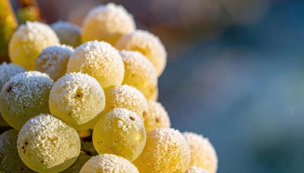 Ice wine grape cluster with sugar frost pale dawn tones and measured contrast refined vineyard still life for editorial winter menus and premium branding photo