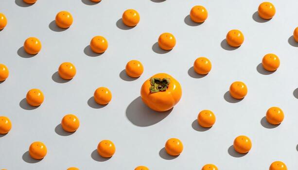 Kishu mikan miniatures arranged as a dotted gradient across dove grey with long soft shadows refined citrus still life for editorial menus and clean layouts photo
