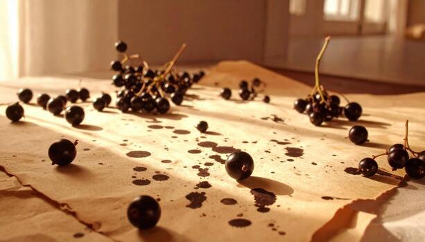 Korinthos currants scattered like ink dots over parchment quiet classical mood refined raisin grape still life for editorial and typography friendly backgrounds photo