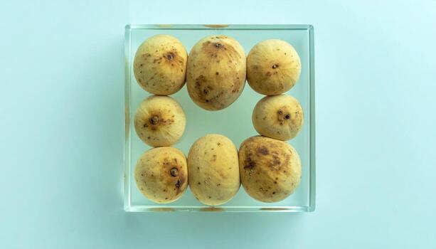 Langsat seeds encased in a clear glycerin block on acrylic pristine geometry with soft cyan tone scientific still life for editorial education and branding photo