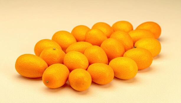 Kumquats arranged in alternating horizontal and vertical orientations on soft cream board professional citrus still life for editorial menus packaging and clean branding layouts photo