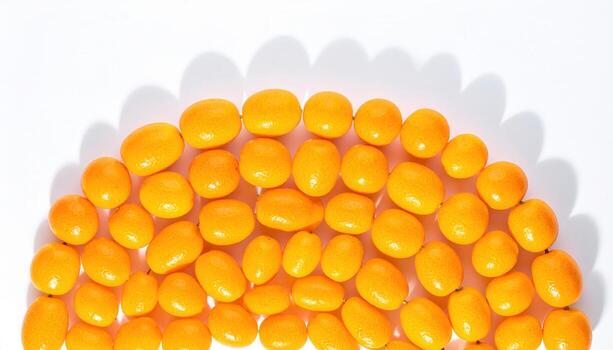 Kumquat chains curving softly across paper white with long delicate grey shadows refined citrus still life for editorial menus and modern branding backgrounds photo