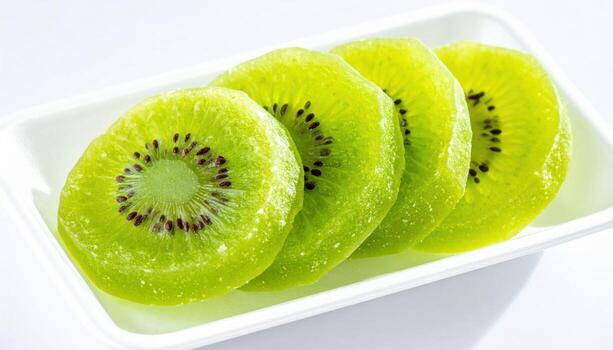 Lulo naranjilla halves set in a frosted tray green jelly texture crisp clinical look refined citrus cousin still life for editorial and modern UI backgrounds photo