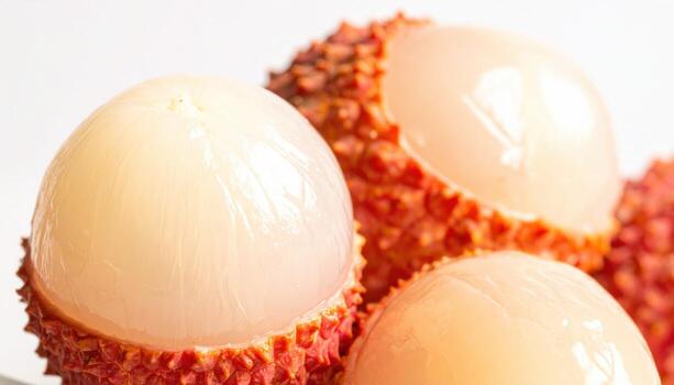 Lychee veins mapped on peeled fruit under even backlight pearlescent whites for quiet luxury refined texture study for editorial cuisine and branding photo