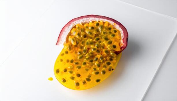 Passion fruit pulp in a thin oval spread on frosted acrylic with translucent back glow refined tropical texture for editorial menus and clean design photo