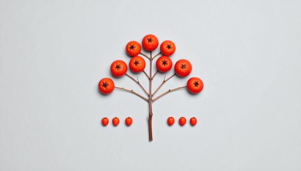 Rowan clusters simplified to small punctuation marks on soft dove grey refined seasonal still life for editorial nature stories and calm backgrounds photo