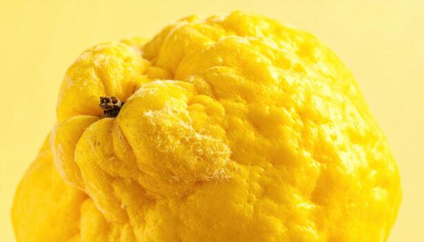 Quince fuzz macro on pale lemon ground with soft side glow creating tactile depth refined produce texture for editorial food science and modern design photo