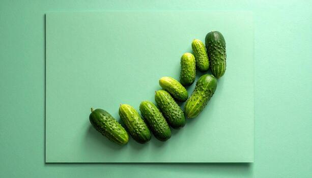 Cucamelon gherkin fruits arranged as a dotted curve on mint card playful yet minimal modern vegetable still life for editorial menus and fresh branding photo