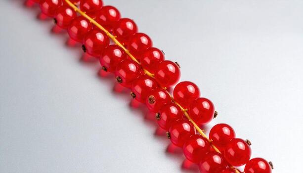 Redcurrant beads forming a clean diagonal on pearl grey with subtle reflections refined berry still life for editorial menus and typography friendly backgrounds photo