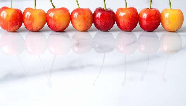 Sour cherry rainier hybrids graded from pale to saturated on cool marble with gentle top reflection refined stone fruit layout for editorial and branding photo