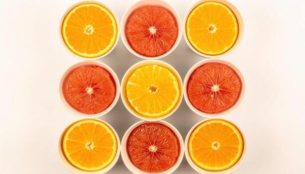Yuko citrus hemispheres nested in fine ceramic bowls airy spacing and even daylight refined ingredient still life for editorial menus and calm background layouts photo