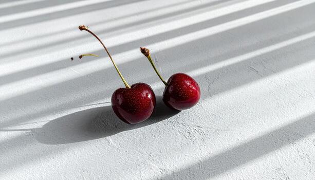 Dewless cherries placed as distant pairs on smooth concrete with long delicate shadows contemporary fruit still life for editorial menus and minimalist layouts photo