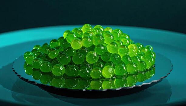 Finger lime pearls spilling across a cold mirror plate with crisp rim light and soft teal falloff refined citrus macro for editorial and sleek menu design photo