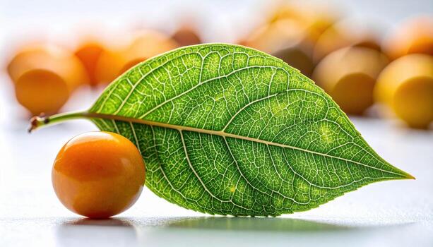 Greengage leaf venation macro surrounding a single fruit desaturated greens clean typography friendly background for editorial wellness education and modern branding photo