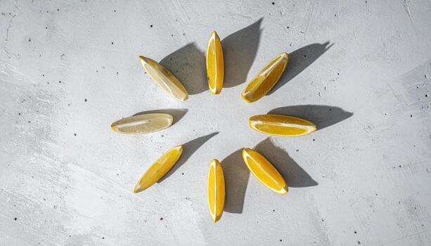 Kabosu wedges spaced in a clean arc on pale concrete micro shadows tidy minimalist citrus still life for editorial menus and branding photo