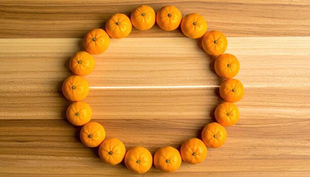 Minneola tangelo crowns forming a clean ring on sand toned board with controlled specular line refined citrus still life for editorial menus and branding photo