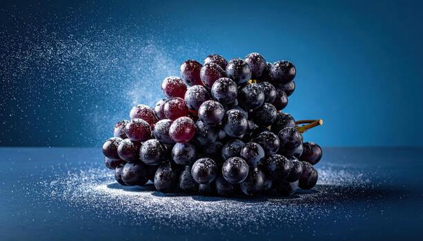 Muscadine grape clusters with heavy bloom on slate blue silver dust texture emphasized refined vineyard still life for editorial wellness and packaging design photo