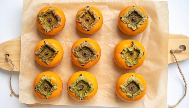 Persimmon calyx portraits arranged in a tidy grid on warm parchment botanical minimal for editorial education packaging and typography friendly brand layouts photo