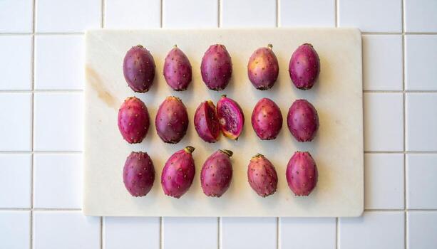 Prickly pear tunas pressed on pale tile leaving soft moisture rings hue shifts restrained refined desert fruit still life for editorial menus and clean design photo