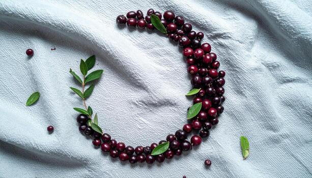 Salal berries forming a crescent on cool linen matte greenery and quiet balance refined forest fruit still life for editorial and clean layouts photo