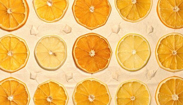 Satsuma peel pieces tessellated into a hex pattern on neutral sand tone refined citrus texture for editorial beverage menus and clean background design photo