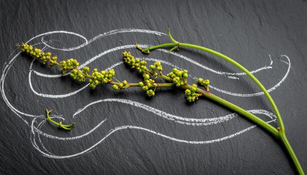 Table grape stems post harvest arranged as calligraphic lines on graphite with subtle residual bloom refined vineyard remnant for editorial and label design photo