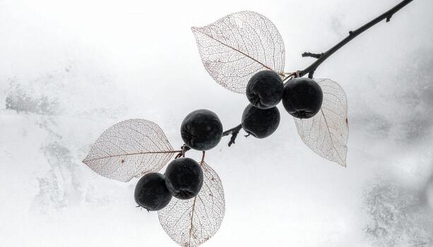 Sloes with leaf skeletons arranged over frosted glass high key minimalism for clean user interface friendly backgrounds editorial nature and beverage stories photo