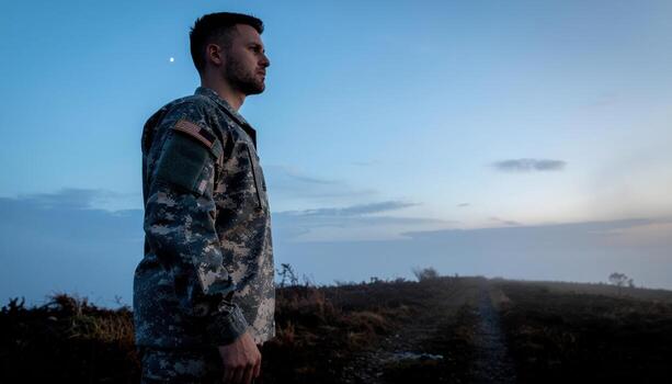 Fictional soldier in unarmed watch at blue hour on misty ridge soft rim light generic uniform with blank patches unmarked scene for vigilance security and patrol themes photo
