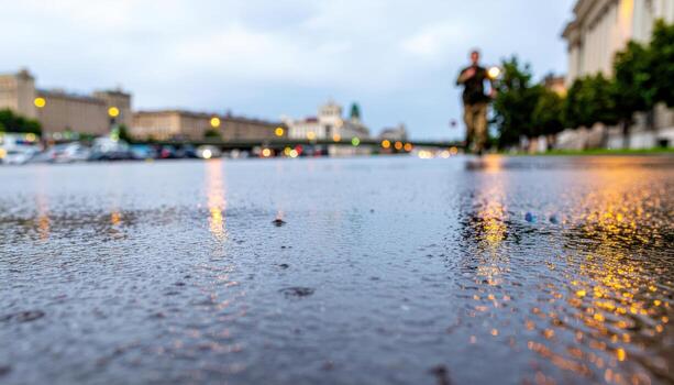 Fictional soldier sprinting across wet pavement in light rain reflective sheen shallow depth dynamic action unmarked uniform professional scene for training security and resilience photo