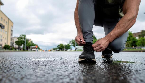 Fictional soldier tying boot laces on wet tarmac after rain cinematic low angle unmarked uniform professional action detail for training security and resilience themes photo