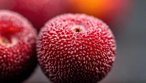 Yangmei chinese bayberry macro showing fine papillae deep burgundy against graphite refined exotic fruit texture for editorial wellness and sleek branding photo