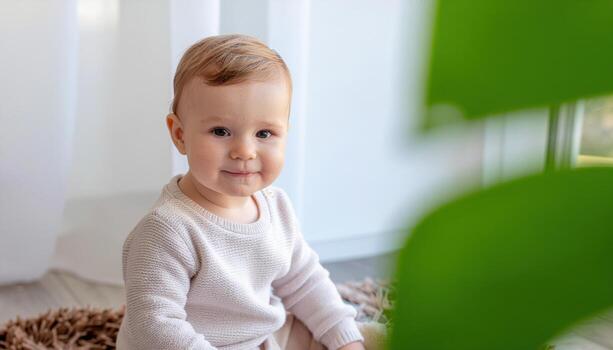 Young child in restful contentment soft smile against overexposed window line creating airy wash bright high key portrait for lifestyle family wellness and advertising design photo