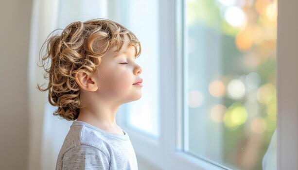 Young child showing serene calm eyes closed overexposed window edge creating white sweep airy high key portrait for wellness mindfulness and advertising photo