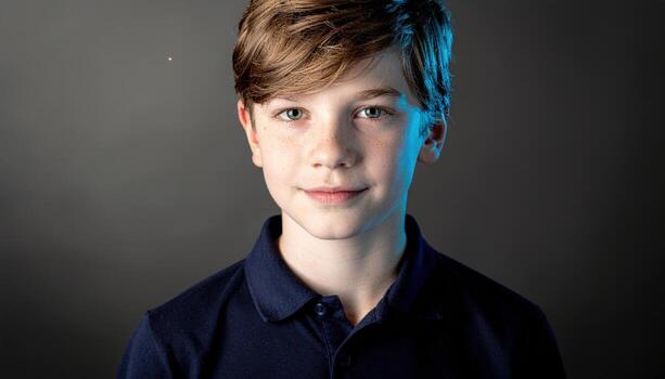 Young child showing spark of inspiration pupils bright narrow beam cutting through motes creative studio portrait for learning discovery imagination and science themes photo