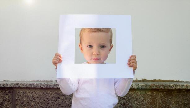 Young child with curious focus peering through a paper frame broad daylight on a simple wall clean portrait for learning discovery education and lifestyle messaging photo