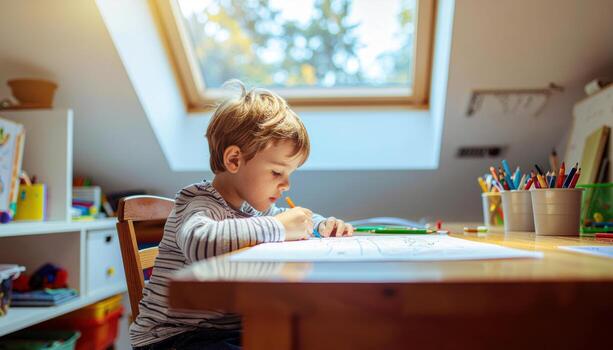 Young child with focused concentration drawing just off frame overhead skylight glow and tidy desk blur calm portrait for education learning creativity and brand messaging photo