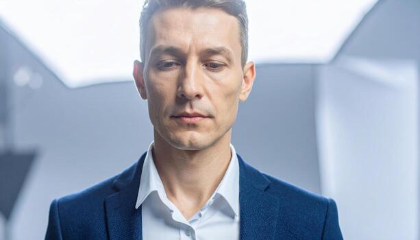 Adult expressing calm focus eyes down in concentration overhead softbox producing clean high key professional studio portrait for business education wellness and editorial use photo