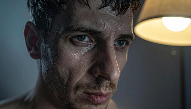 Adult showing sorrow with restraint moist eyes minimal tear low key single practical lamp moody studio portrait for counseling awareness editorial and storytelling photo