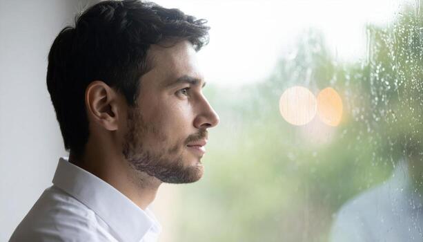 Adult in reflective nostalgia soft gaze out of frame rainy window bokeh desaturated palette moody indoor portrait for lifestyle wellness editorial and storytelling photo