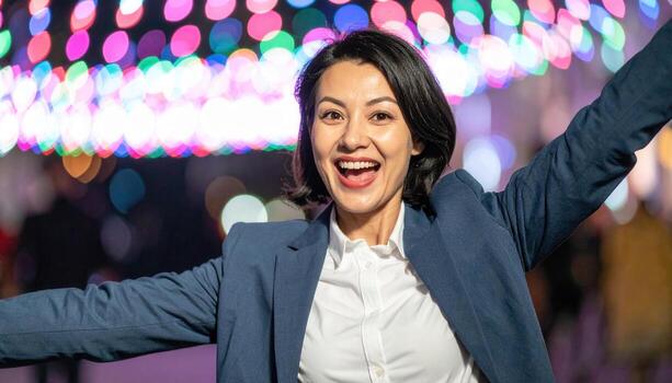 Adult with animated excitement eyes sparkling festive bokeh behind in soft colors vibrant studio portrait for lifestyle editorial party and advertising campaigns photo