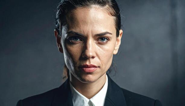 Adult showing resilient determination jaw set eyes forward split lighting dark textured backdrop bold studio portrait for leadership motivation and achievement themes photo