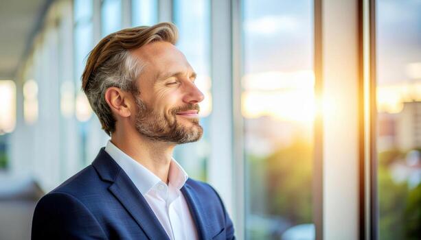 Adult with restful contentment eyes closed and soft smile bright overexposed window edge airy high key portrait for lifestyle wellness and advertising photo