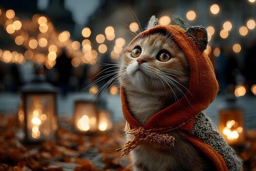 Adorable Cat in Autumn Cloak with Lanterns and Bokeh in Cozy Fall Setting photo