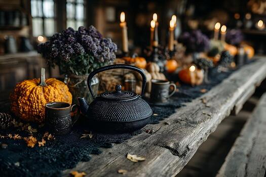 Rustic Fall Table Setting with Teapot and Pumpkins for Cozy Autumn Gatherings photo