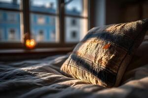 acogedor dormitorio retirada con otoño Encendiendo y suave texturas foto