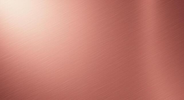 An abstract close-up shows a brushed sheet of rose gold metal with subtle diagonal lines and soft reflections creating a smooth, industrial, luxurious texture. photo